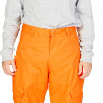 DC Banshee Insulated Pant 2023 - A pair of bright orange snow pants with a black logo on the left thigh and a zippered pocket on the right hip.