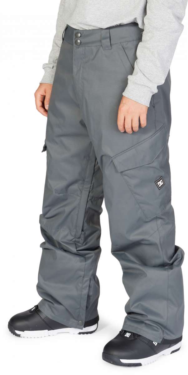 DC Banshee Insulated Pant 2023 - A pair of gray snowboard pants with a zippered pocket on the thigh and a black logo patch near the bottom right leg.