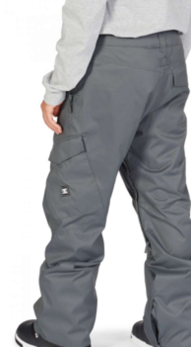 DC Banshee Insulated Pant 2023 - A pair of gray snowboard pants with a zippered pocket on the thigh and a small white logo near the bottom left leg.