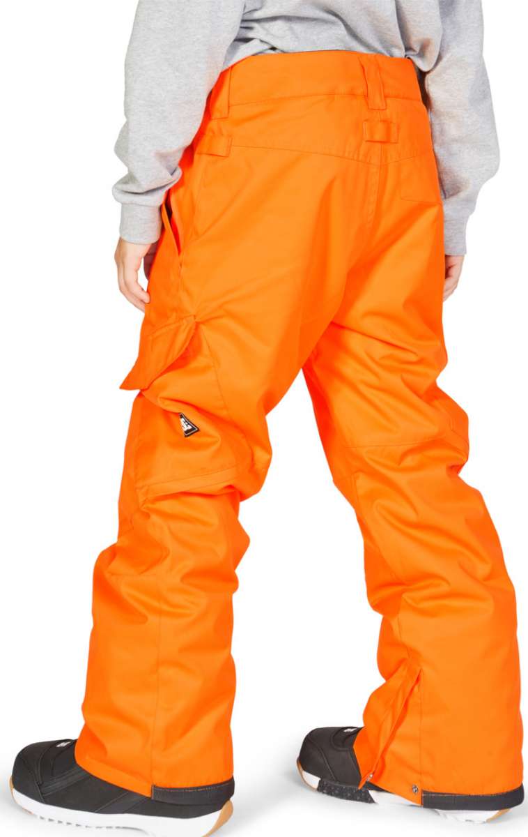 DC Junior's Banshee Insulated Pant - Pant is bright orange with a black zipper and white stitching on the side pockets.
