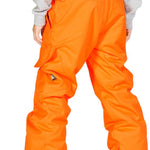 DC Junior's Banshee Insulated Pant - Pant is bright orange with a black zipper and white stitching on the side pockets.
