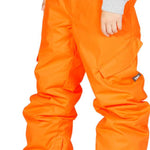 DC Junior's Banshee Insulated Pant 2023 - Bright orange snow pants with zippered pockets and adjustable cuffs.