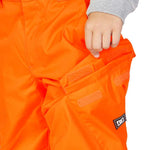 DC Junior's Banshee Insulated Pant 2023 - A pair of bright orange snow pants with a black and white logo on the left leg.