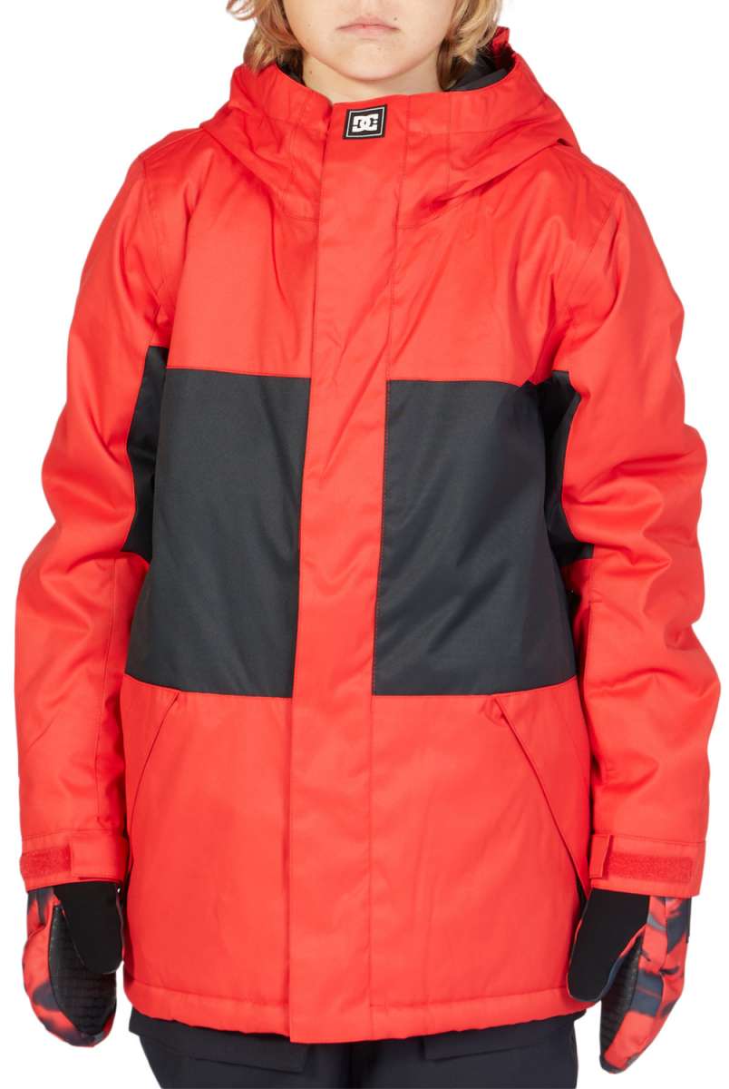 DC Junior's Defy Insulated Jacket 2023 - A red and black insulated jacket with a hood, featuring a white DC logo on the chest.