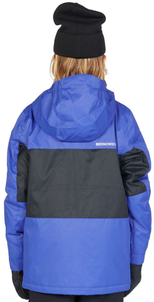 DC Junior's Defy Insulated Jacket 2023 - A blue and black insulated jacket with a hood, worn by a model from behind.