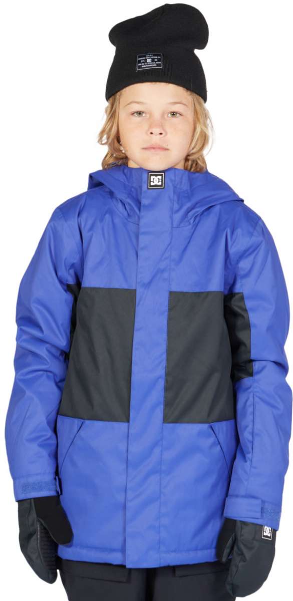 DC Junior's Defy Insulated Jacket 2023 - A royal blue jacket with a black stripe on the chest and a hood.