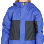 DC Junior's Defy Insulated Jacket 2023 - A royal blue jacket with a black stripe on the chest and a hood.