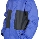 DC Junior's Defy Insulated Jacket 2023 - A royal blue jacket with black rectangular patches on chest and back, featuring a hood and zippered pockets.