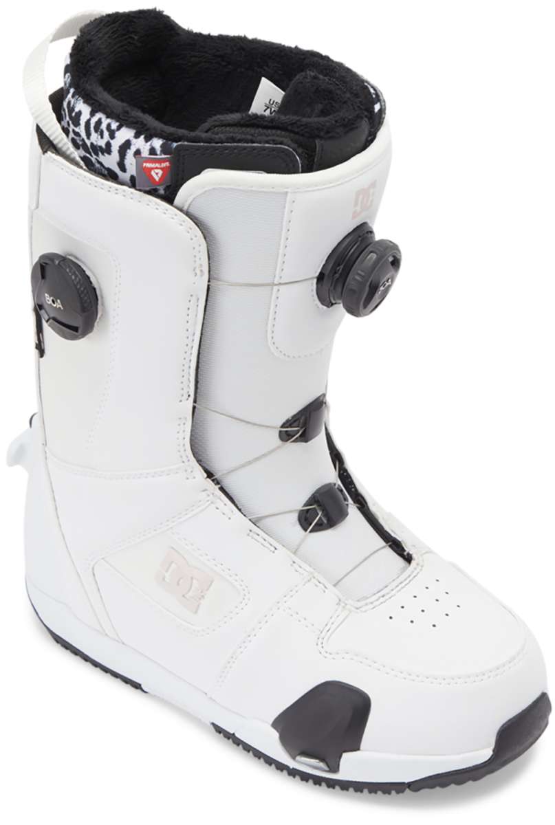 DC Women's Phase Pro BOA Step On Snowboard Boots 2024 - White snowboard boots with black laces and a leopard print lining visible inside.