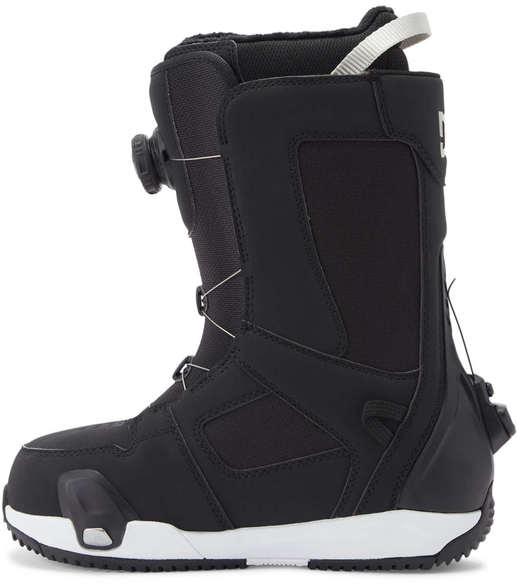 DC Women's Phase Pro BOA Step On Snowboard Boots 2024 - Black snowboard boots with a white logo on the side and silver buckles.