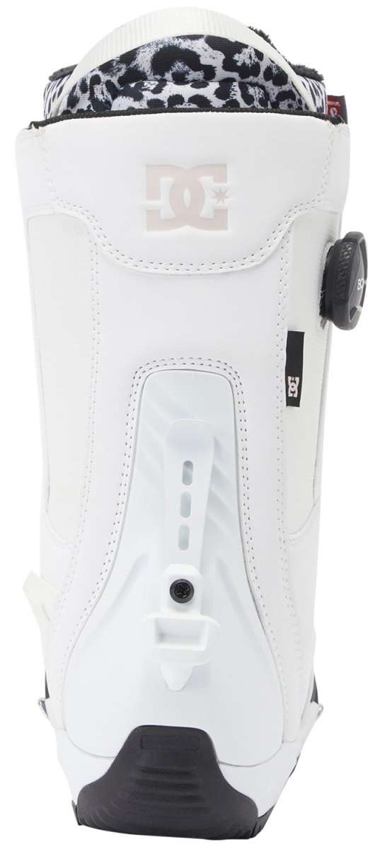 DC Women's Phase Pro BOA Step On Snowboard Boots 2024 - White snowboard boots with leopard print lining visible at top of boot.