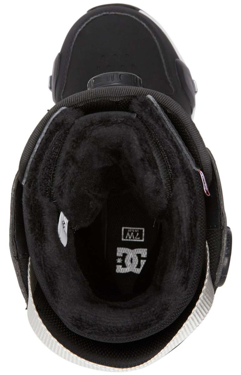 DC Women's Phase Pro BOA Step On Snowboard Boots 2024 - Black snowboard boots with a white stripe on the side and silver buckles.