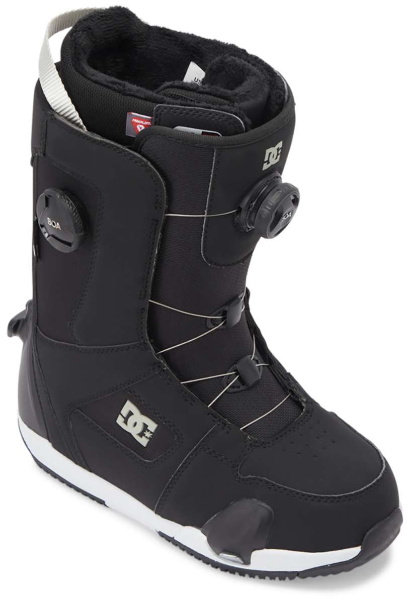 DC Women's Phase Pro BOA Step On Snowboard Boots 2024 - Black snowboard boots with white accents and a BOA closure system on the side.