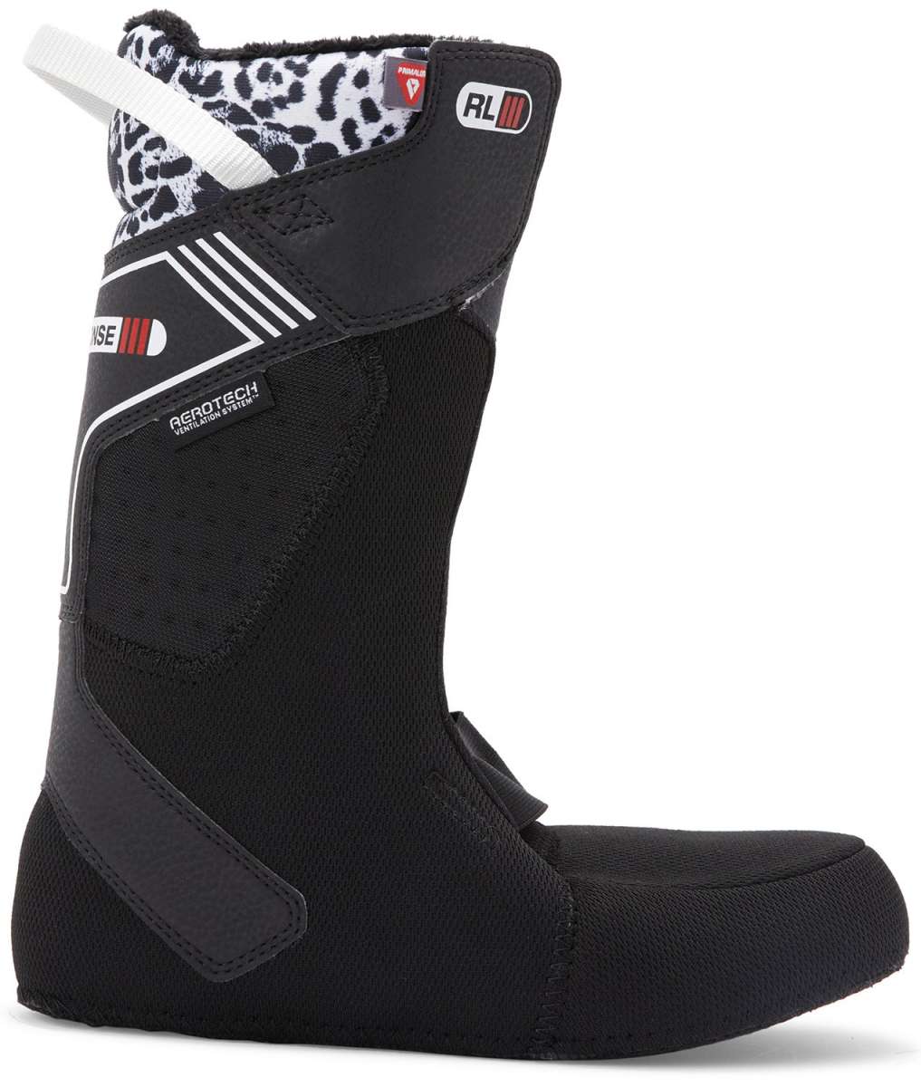 DC Women's Phase Pro BOA Step On Snowboard Boots 2024 - Black snowboard boots with a leopard print lining and white laces.