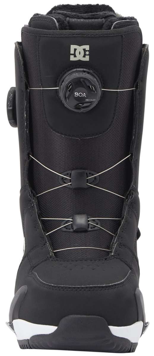 DC Women's Phase Pro BOA Step On Snowboard Boots 2024 - Black snowboard boots with a white logo on top and silver hardware.