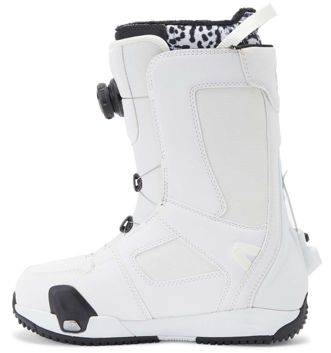 DC Women's Phase Pro BOA Step On Snowboard Boots 2024 - White snowboard boots with black laces and a leopard print lining visible inside.
