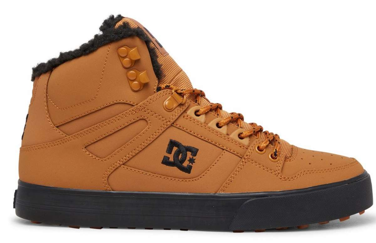 DC Pure High Top Winter Shoes 2022 - A pair of tan high-top shoes with a black sole and laces, featuring a small black logo on the side.