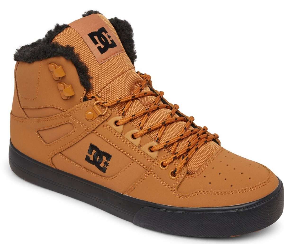DC Pure High Top Winter Shoes 2022 - A pair of tan high-top shoes with a black sole and laces, featuring a DC logo on the side.