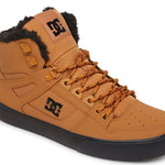 DC Pure High Top Winter Shoes 2022 - A pair of tan high-top shoes with a black sole and laces, featuring a DC logo on the side.
