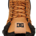DC Pure High Top Winter Shoes 2022 - A pair of tan high-top shoes with a textured fabric upper and black accents on the sole, laces, and logo.