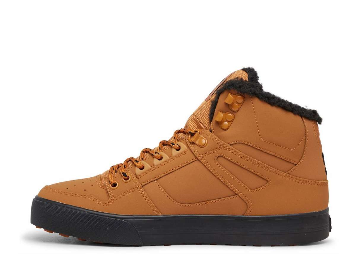 DC Pure High Top Winter Shoes 2022 - A pair of high-top shoes with a tan upper and laces, featuring a black sole.