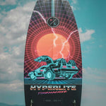 Hyperlite Time Machine Limited Edition Wakesurf Board 2022 - A black wakesurf board with a neon blue and pink design featuring a DeLorean car, set against a red circle background.