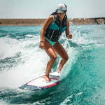 Hyperlite Time Machine Limited Edition Wakesurf Board 2022 - A blue and white wakesurf board with a distinctive red logo on top.