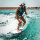 Hyperlite Time Machine Limited Edition Wakesurf Board 2022 - A blue and white wakesurf board with a distinctive red logo on top.