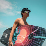 Hyperlite Time Machine Limited Edition Wakesurf Board 2022 - A black wakesurf board with a blue and red graphic of a robot in front of an orange sun.