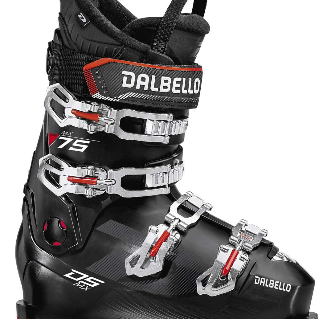 Dalbello DS MX 75 Ski Boots 2021-2022 - Black ski boots with silver buckles and red accents.
