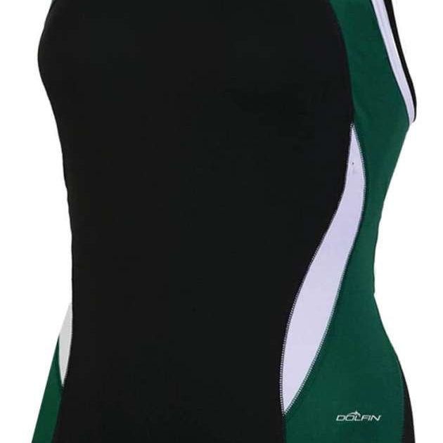 Dolfin Women's Reliance Colorblock DBX Back One-Piece Swimsuit - A black one-piece swimsuit with green and white colorblocking on the sides.
