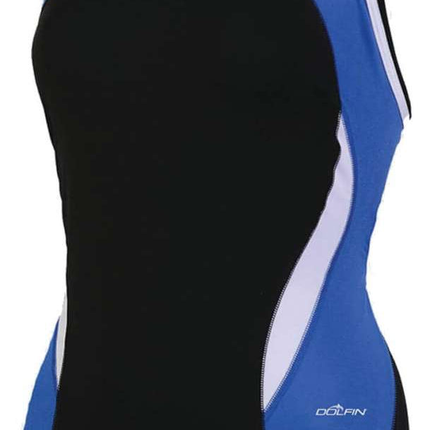 Dolfin Women's Reliance Colorblock DBX Back One-Piece Swimsuit - A black one-piece swimsuit with blue and white colorblocking on the sides.