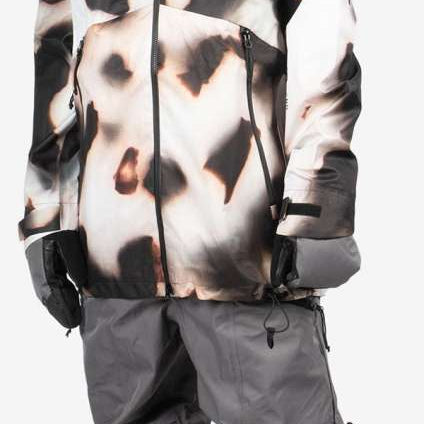 Endeavor 3L Shelter Shell Jacket - A black, white, and brown abstract patterned jacket with a hood.