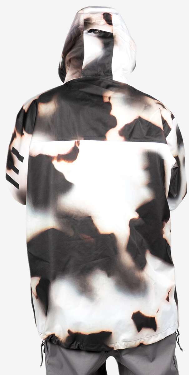 Endeavor 3L Shelter Shell Jacket 2024 - A black and white jacket with a subtle pattern of abstract shapes, featuring a hood and zippered pockets.