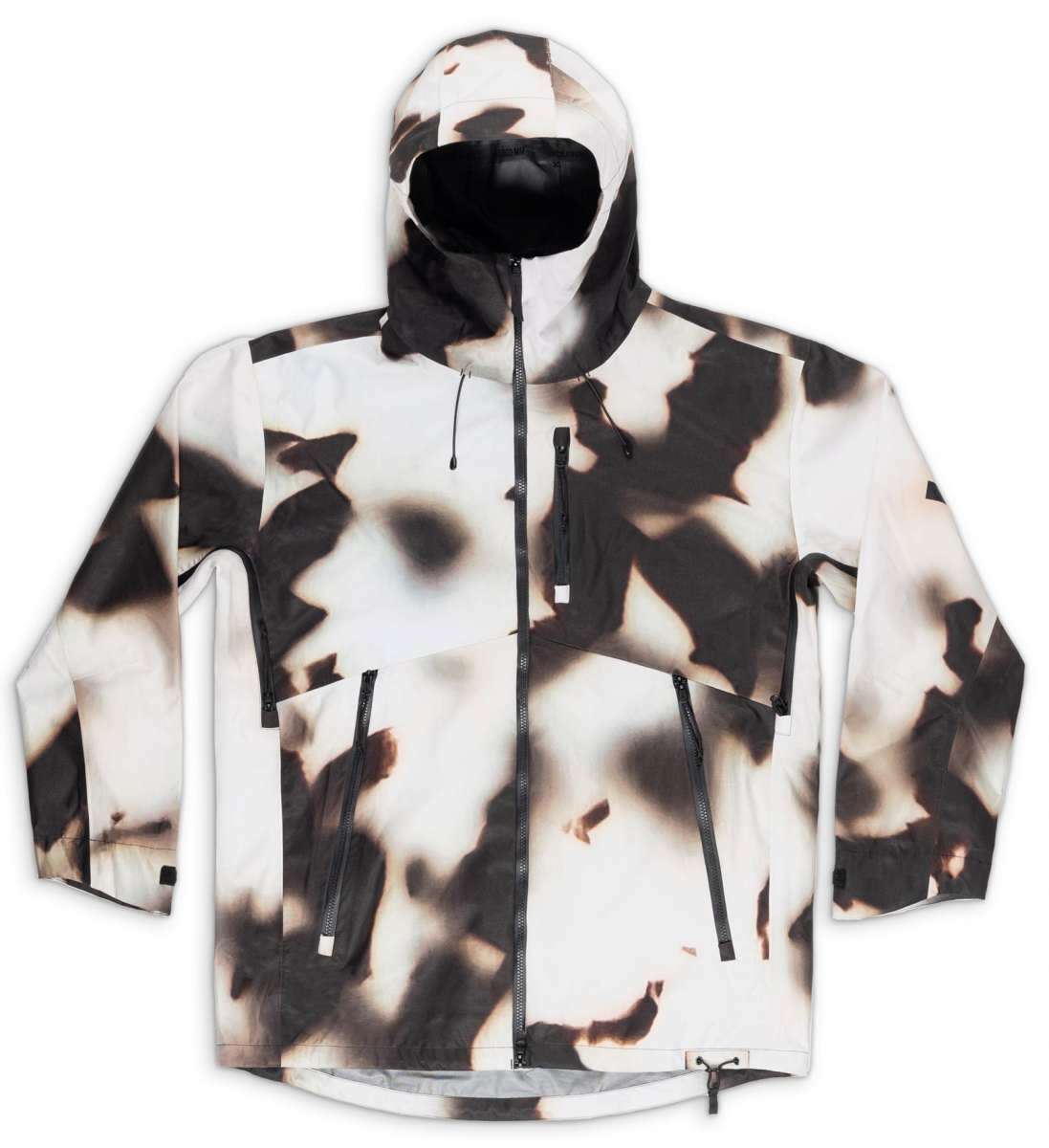 Endeavor 3L Shelter Shell Jacket 2024 - A black and white jacket with a subtle pattern of diagonal stripes, featuring a zippered front and adjustable cuffs.