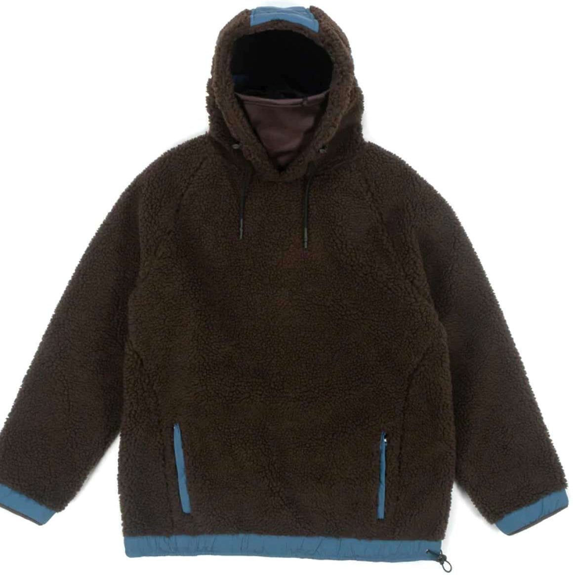 Endeavor Sherpa Riding Hoodie - Brown fleece hoodie with a blue zipper and drawstring on the hood.