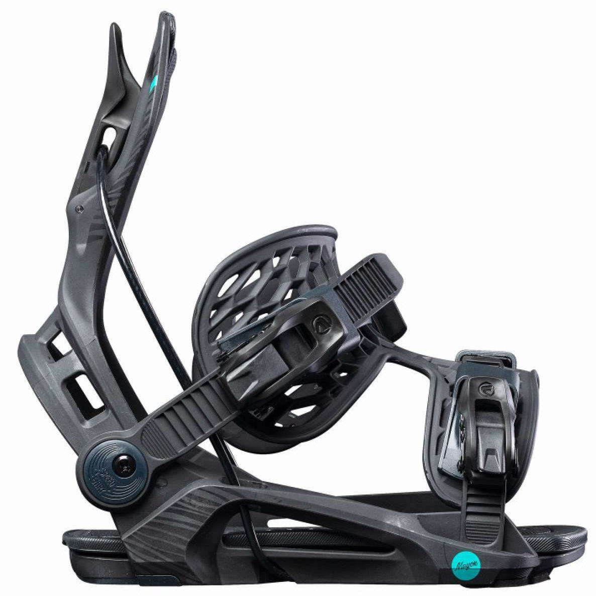Flow Women's Mayon Snowboard Bindings 2022 - Black bindings with teal logo on top strap and black buckles.