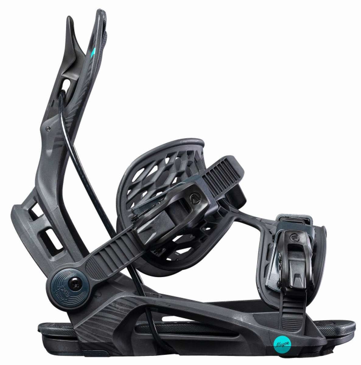 Flow Women's Mayon Snowboard Bindings 2022 - Black bindings with teal logo on top strap and black buckles.