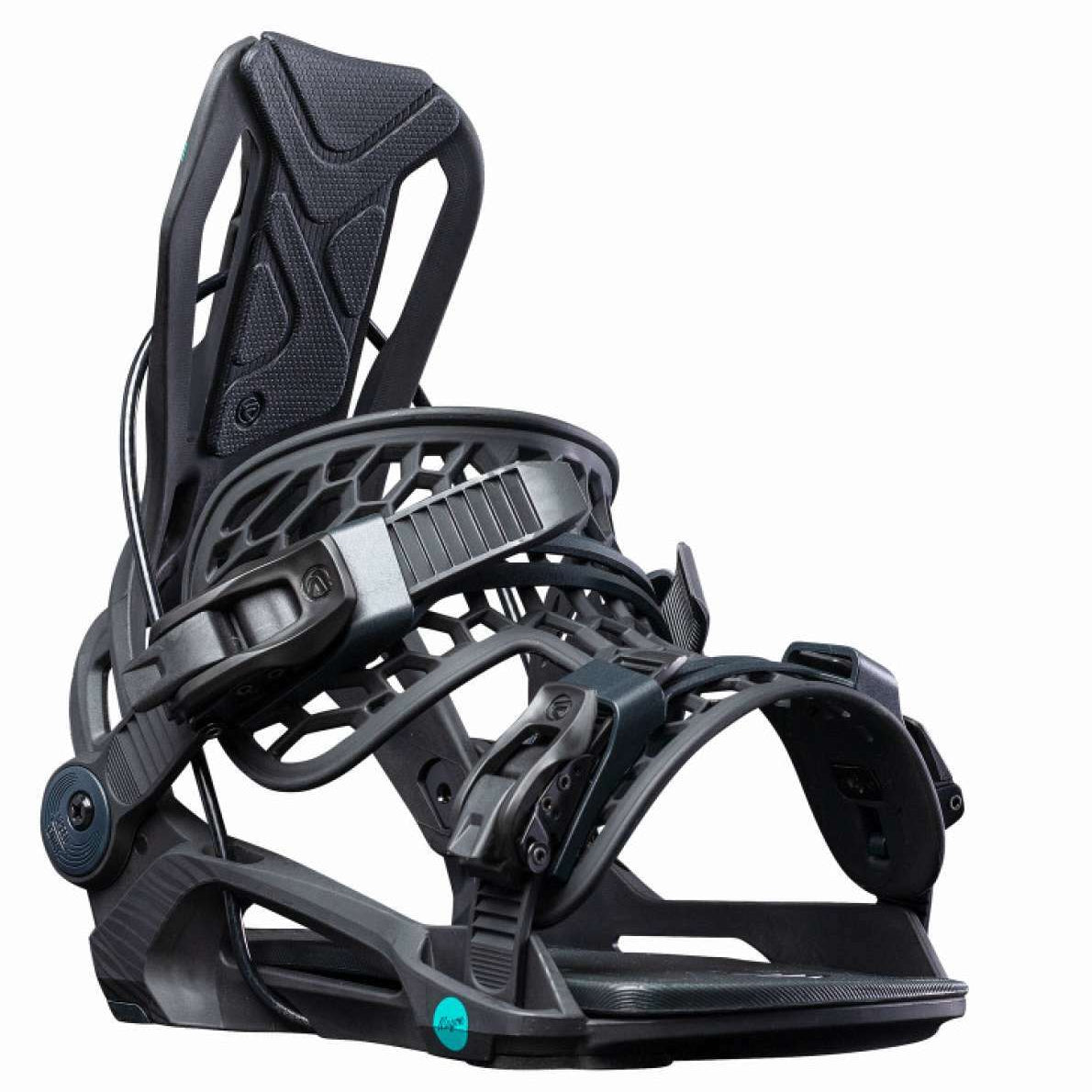 Flow Women's Mayon Snowboard Bindings 2022 - Black bindings with a sleek, modern design and silver buckles.