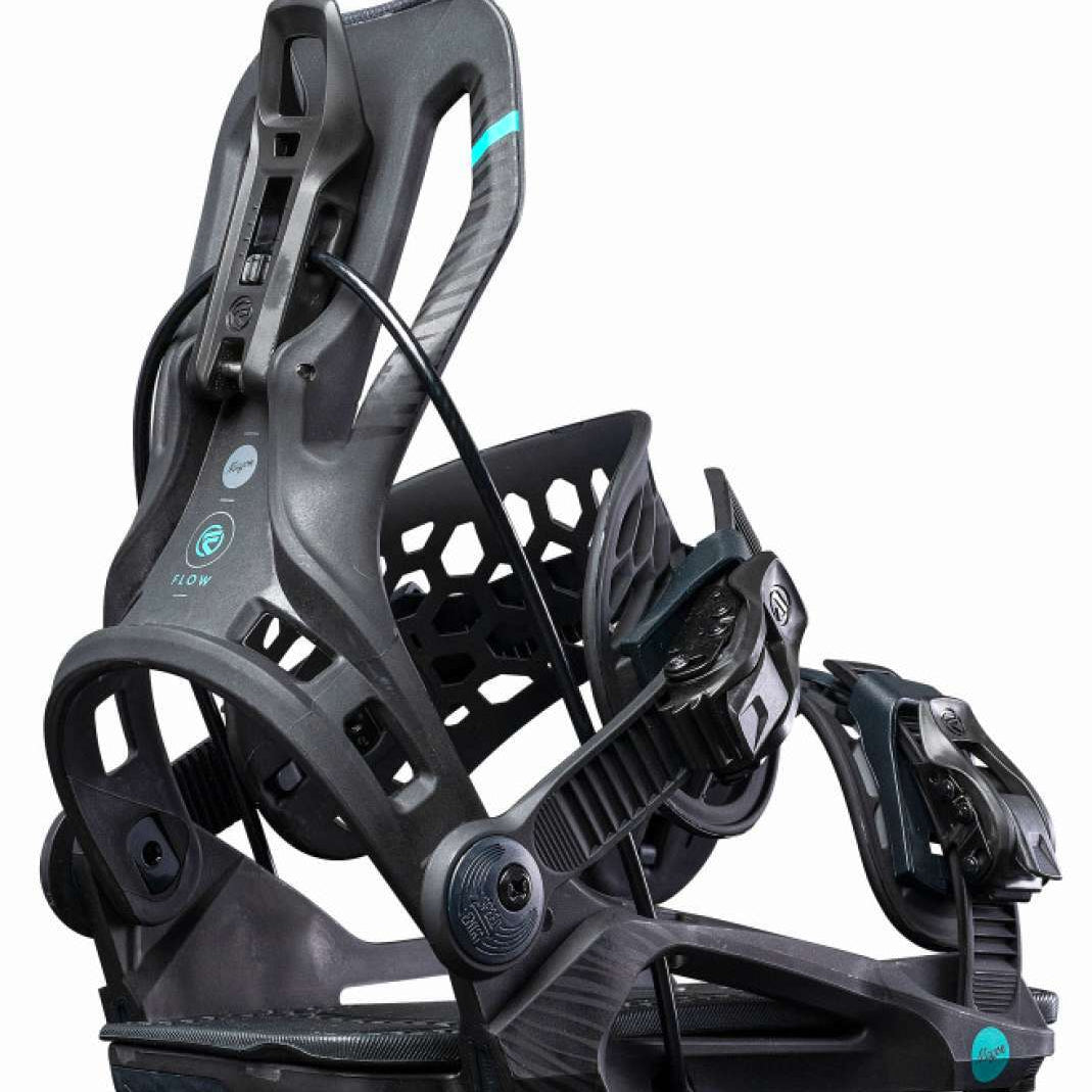 Flow Women's Mayon Snowboard Bindings - Black bindings with teal accents and a black strap on top of the boot.