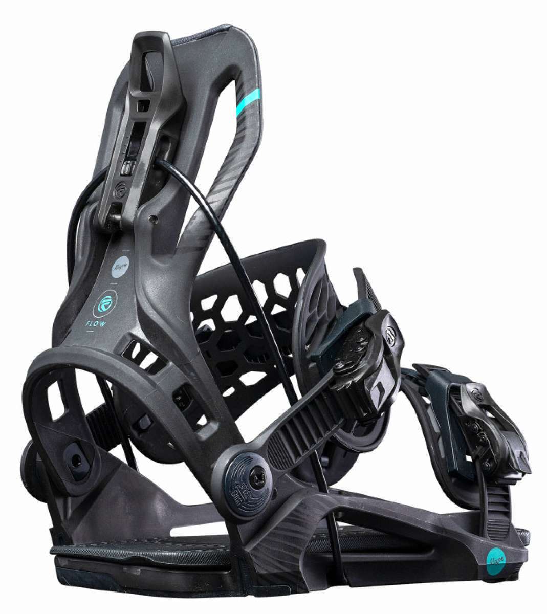 Flow Women's Mayon Snowboard Bindings - Black bindings with teal accents and a black strap on top of the boot.
