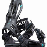 Flow Women's Mayon Snowboard Bindings - Black bindings with teal accents and a black strap on top of the boot.