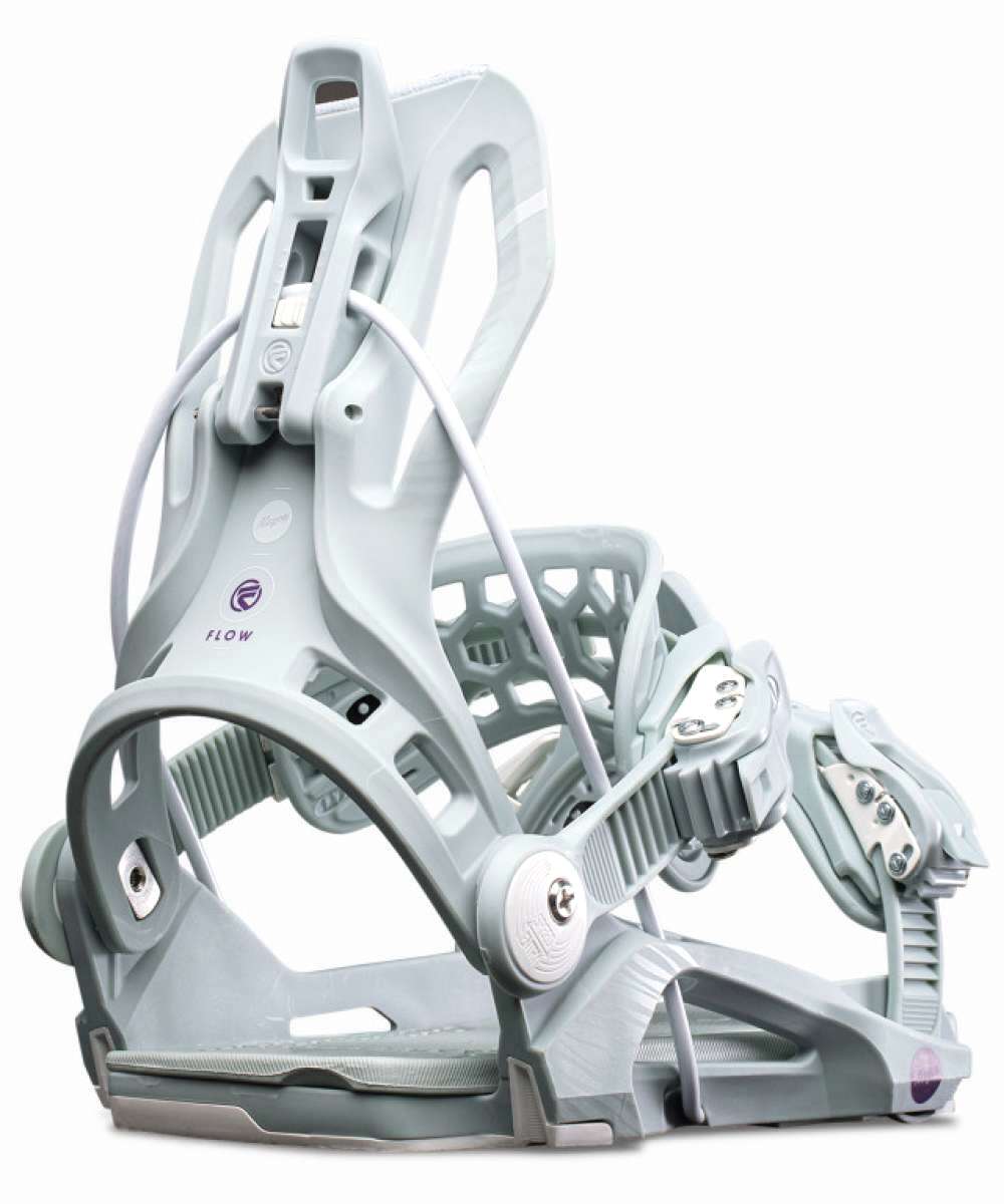 Flow Women's Mayon Snowboard Bindings 2022 - A pair of light gray snowboard bindings with a geometric pattern on the straps and silver buckles.