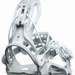 Flow Women's Mayon Snowboard Bindings 2022 - A pair of light gray snowboard bindings with a geometric pattern on the straps and silver buckles.
