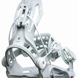 Flow Women's Mayon Snowboard Bindings 2022 - A pair of light gray snowboard bindings with a geometric pattern on the straps and silver buckles.