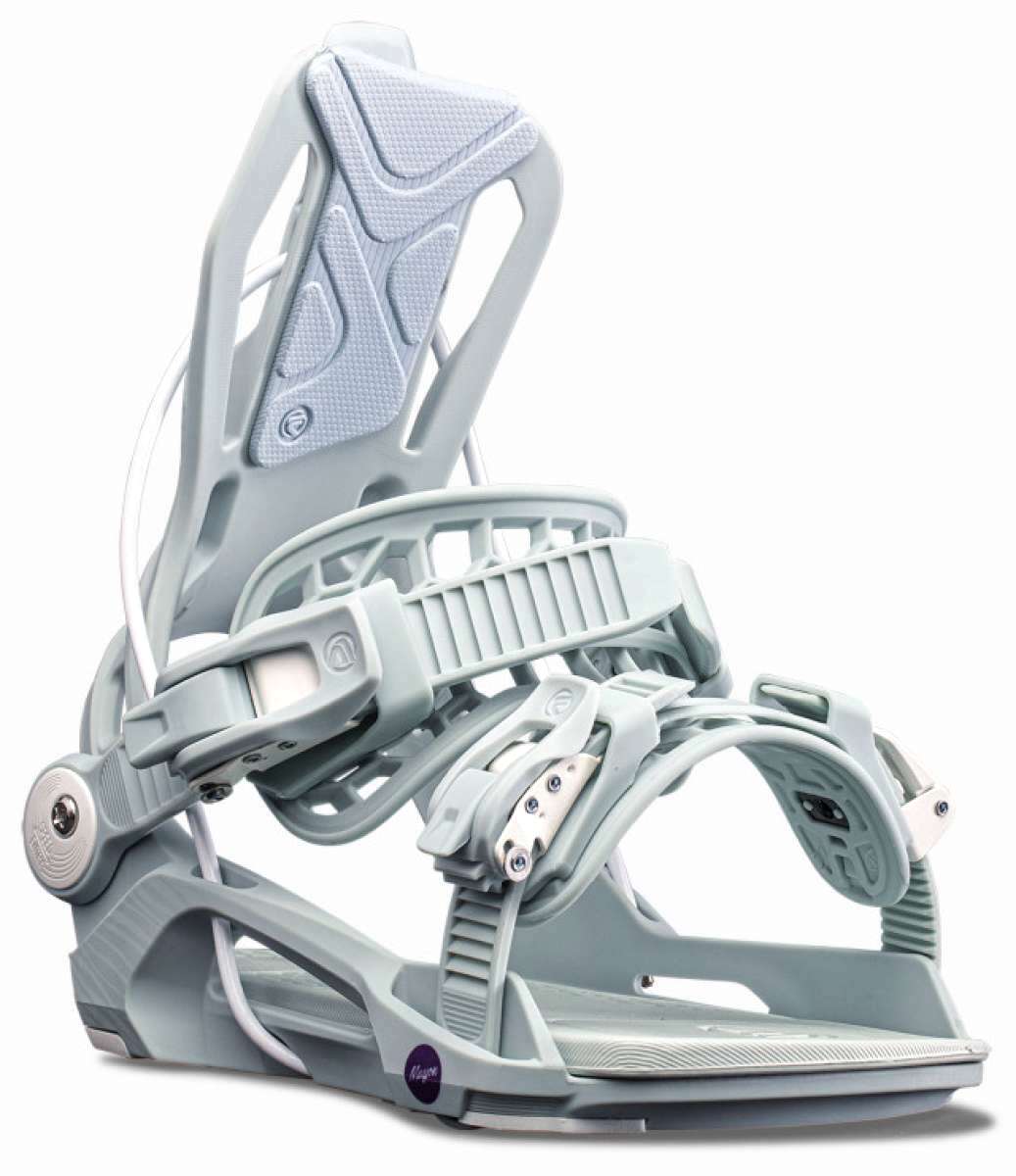 Flow Women's Mayon Snowboard Bindings 2022 - A pair of light gray bindings with a textured strap and silver screws.