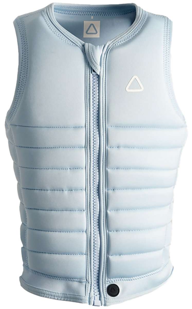 Follow Women's Primary Impact Vest 2023 - A light blue vest with a white logo on the upper right side and a black button at the bottom.
