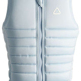 Follow Women's Primary Impact Vest 2023 - A light blue vest with a white logo on the upper right side and a black button at the bottom.