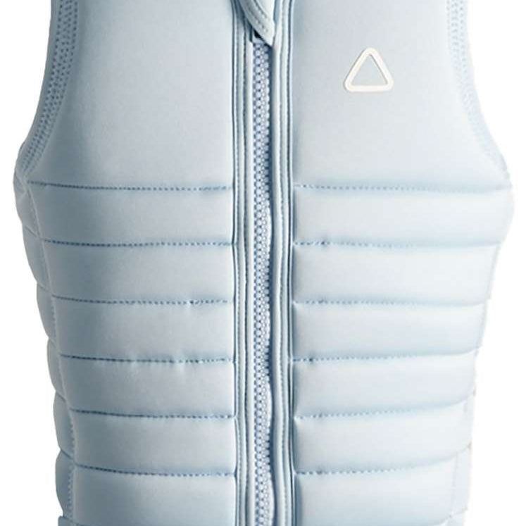 Follow Women's Primary Impact Vest 2023 - A light blue vest with a white logo on the upper right side and a black button at the bottom.
