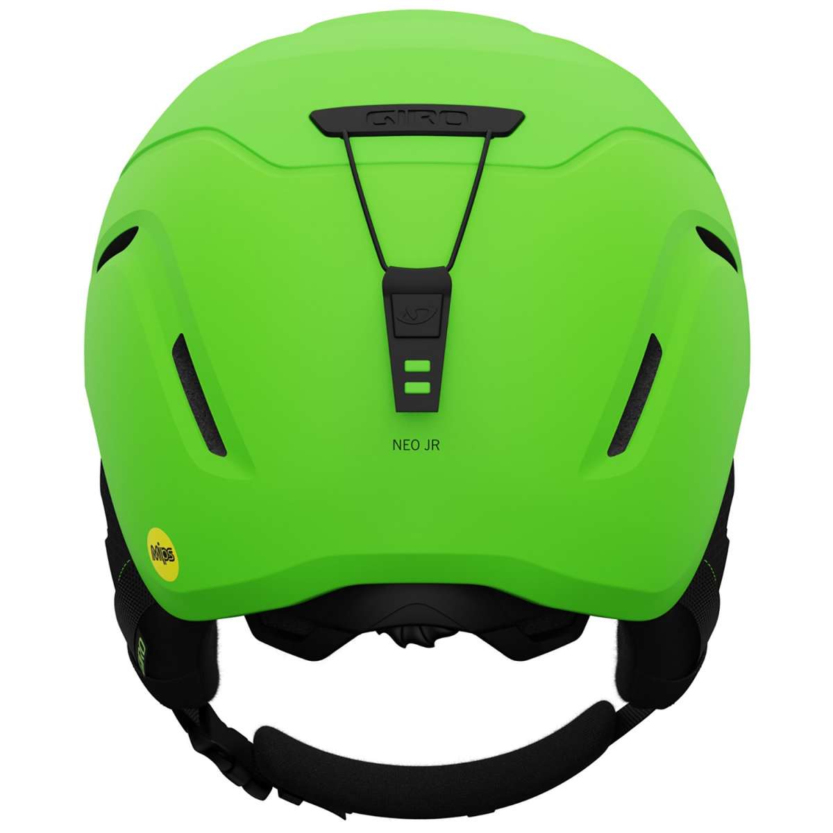 Giro Junior's Neo MIPS Helmet 2023 - Lime green helmet with a black chin strap and white logo on the side.